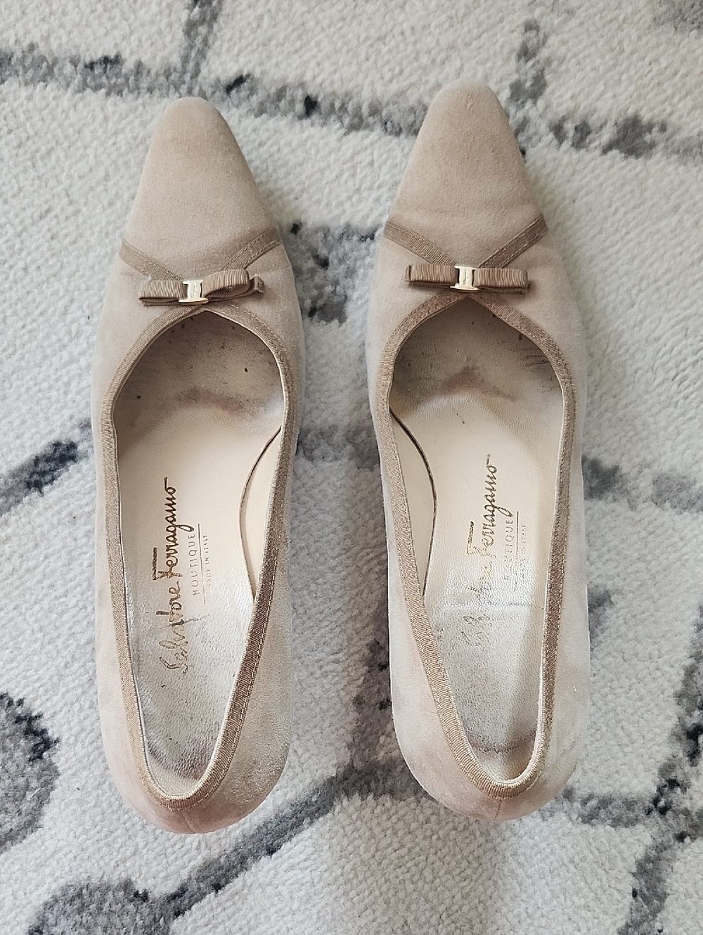 Salvatore Ferragamo Beige Suede Pointed-Toe Pumps with Bow